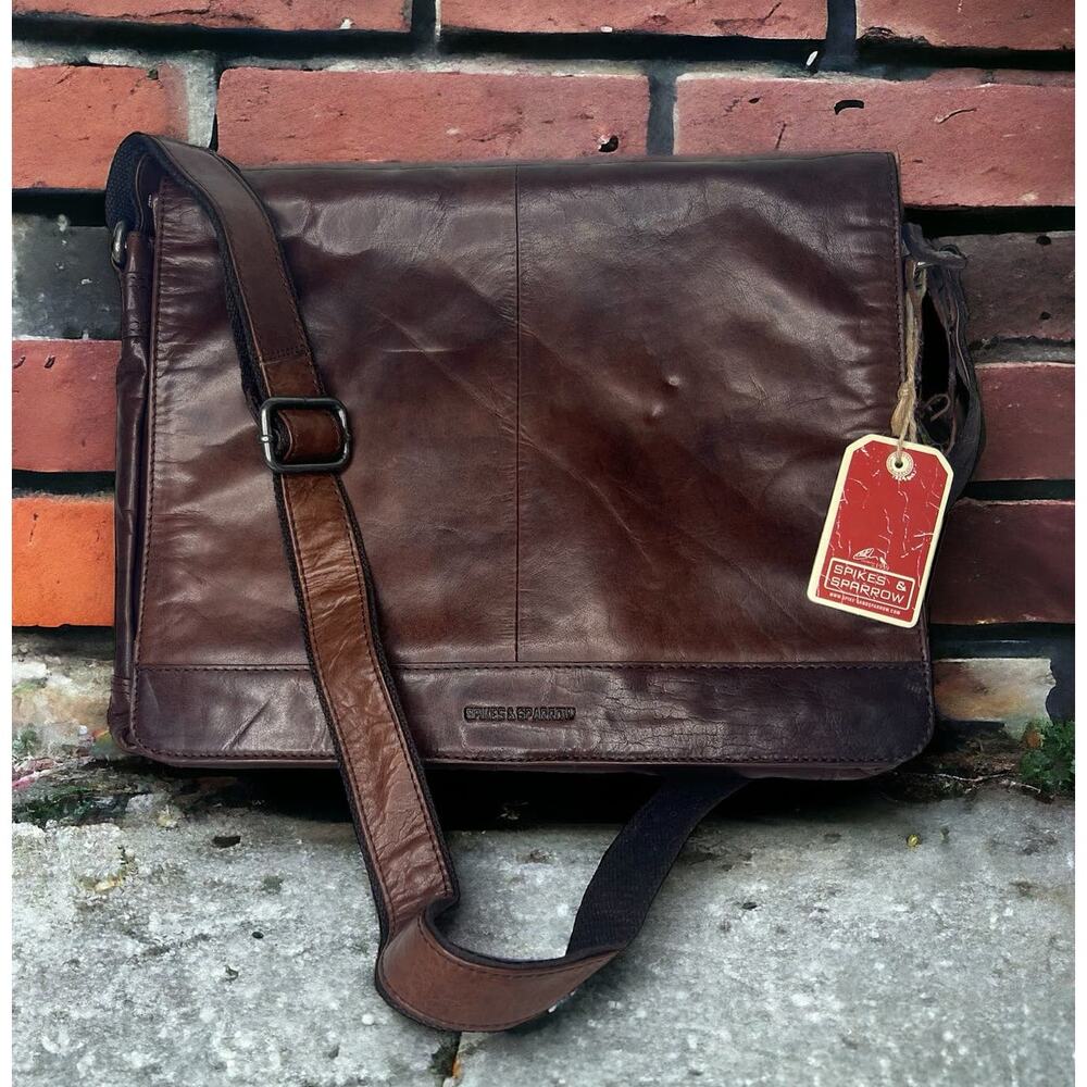 Spikes & Sparrow Noah Dark Brown Leather Crossbody Messenger Bag Laptop Travel